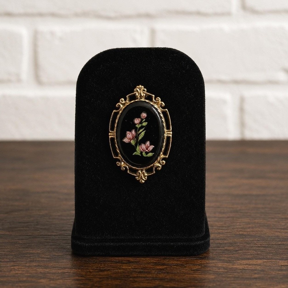 Victorian Black Glass Brooch Hand Painted Floral‎ Pin Antique Style Jewelry